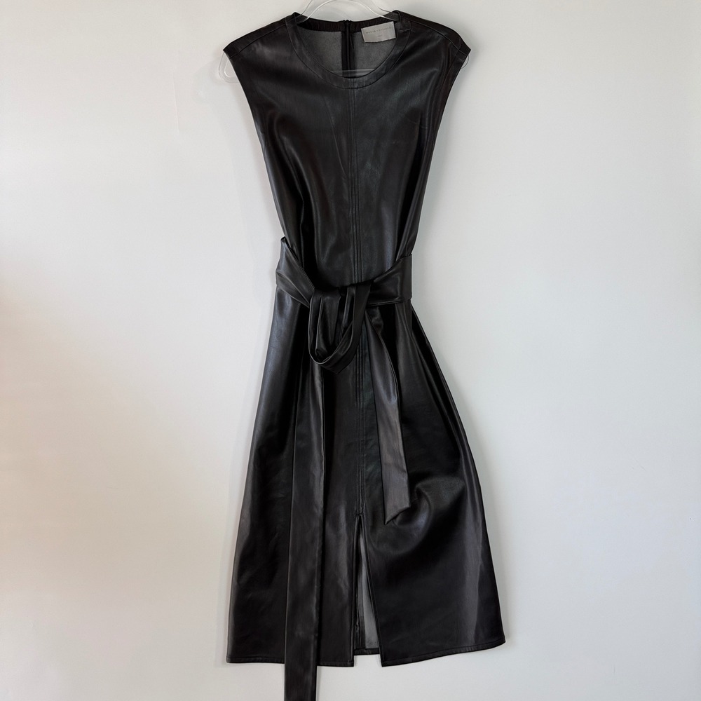 Modern Citizen Pilar Tie-Front Dress Women L Black Vegan Leather Midi MC20D94 - Picture 3 of 16